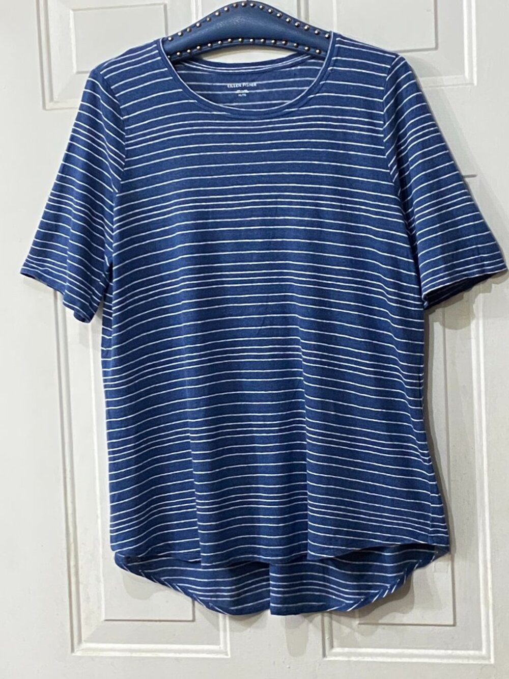 Eileen Fisher Organic Linen Sz XL Knit Tunic Short Sleeve Blue/White Stripe